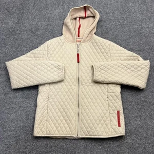 Prada Jacket Womens XL Beige Quilted Hooded Full Zip Made in Italy Logo Tab - Picture 1 of 9