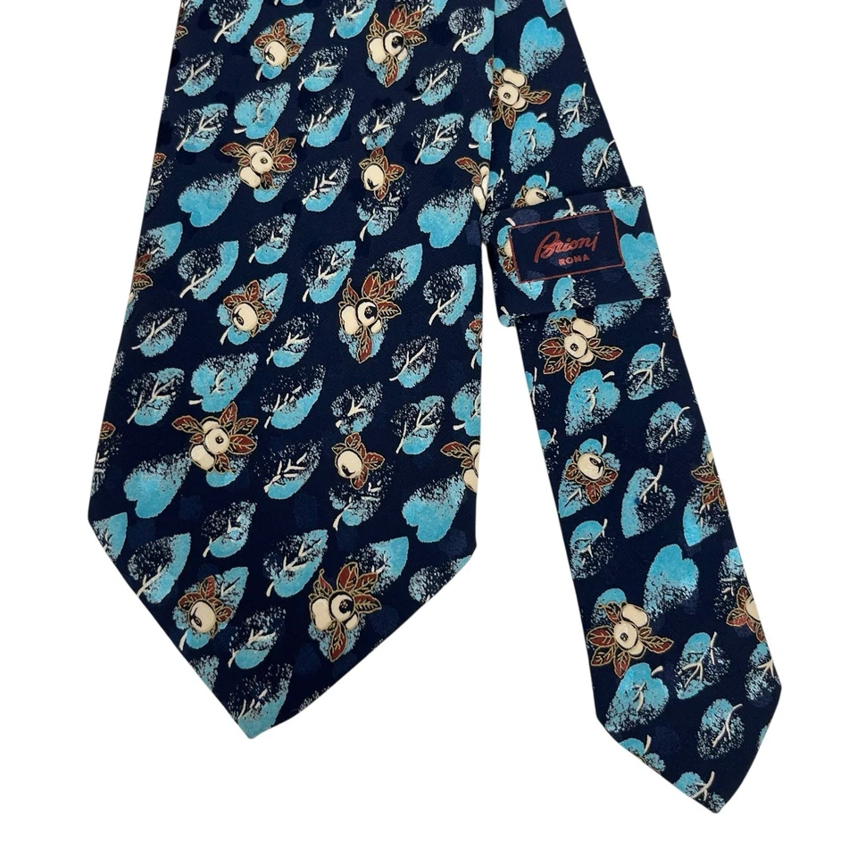 Gravata masculina Brioni folhas florais azul marinho/turquesa cetim seda 3 7/8" (L) x 58" (L) excelente estado usado - Imagem 1 de 4