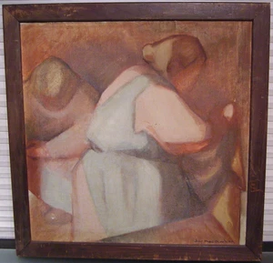 Antikes Ölgemälde Impressionist Kubistisch Figurativ Dienerin Frauen signiert - Bild 1 von 14