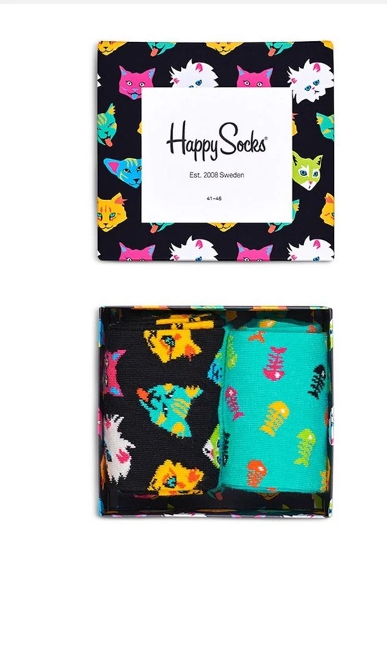 NOVO Conjunto de 2 Meias de Algodão Happy Socks Cat Lover Crew, Feminino Tamanho 5.5-9.5 - Imagem 1 de 4