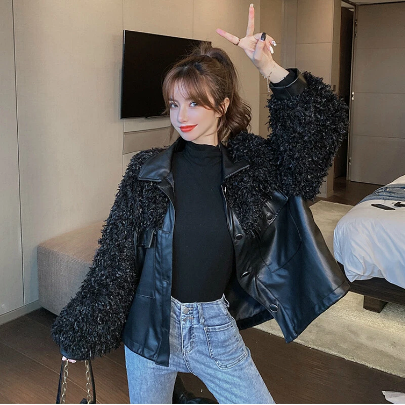 Ladies Faux Fur Leather Jacket Coat Splice Motorcycle Outerwear Patchwork Black - Image 1 of 4