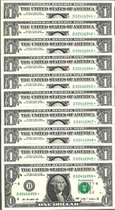 10 Consecutive - 2009 $1 D *Star* Federal Reserve Notes - Crisp Uncirculated - Picture 1 of 2