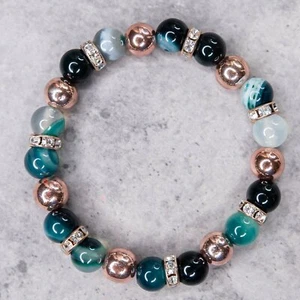 Genuine Green Lace Agate Bracelet, Rose Gold Hematite Beads, Rondelle Spacers, 6 - Picture 1 of 7