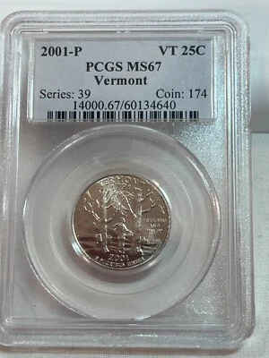 2001 P Vermont State Quarter PCGS MS67 Cert# 60134640 - Image 1 of 4