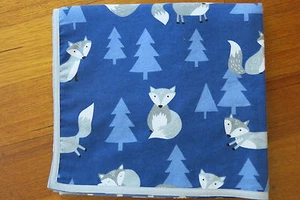 Baby blanket, h/made, double sided,flannel, extra large-frolicking foxes on blue - Picture 1 of 6