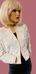 Vintage 1950's Lit Brothers Pink Beaded Sequin Wool Angora Sweater Cardigan S/M - Picture 1 of 12