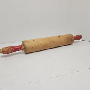 VTG Rustic Wooden Rolling Pin W/ Red Handles Baking Primitive Kitchen Tool Prop - Picture 1 of 8