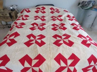 ANTIQUE VTG TURKEY RED & WHITE HAND STITCHED QUILT PINWHEEL DESIGN - Image 1 of 4