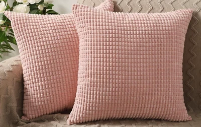 PAIR 24x24 Corn Stripe Chenille Corduroy Pillow Covers ~Nursery, Bubblegum Pink - Image 1 of 2