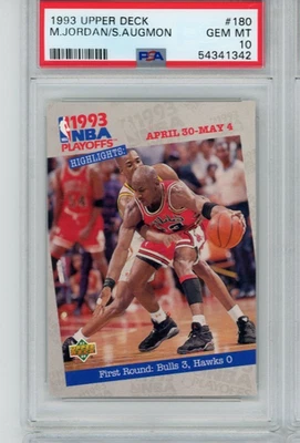 1993 年 UPPER DECK #180 迈克尔·乔丹/斯泰西·奥格蒙 - NBA 季后赛 - PSA 10 — 第 1/2 张图片