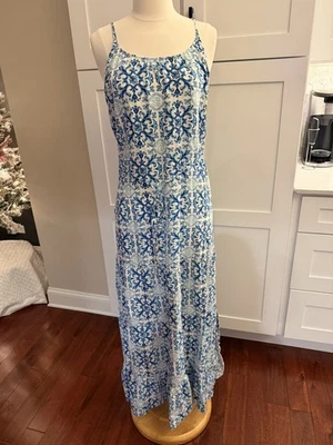 Isaac Mizrahi льняной смеси карманы итальянская плитка печать макси платье синий sz M $230 - Изображение 1 из 4