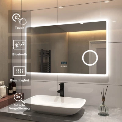 Badspiegel mit LED Badezimmerspiegel Touch Beschlagfrei Bluetooth Uhr Makeup - Bild 1 von 4