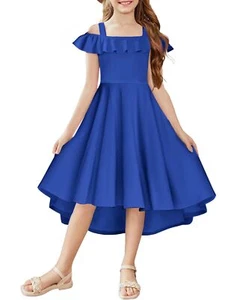Girls Cold Shoulder Casual Ruffle Swing Sundress Dress with Pockets for Kids ... - Picture 1 of 9