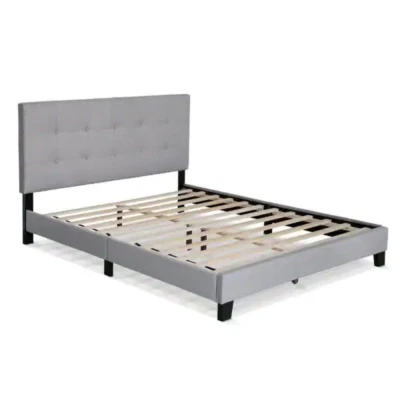 Base Queen Size De Cama Con Cabecera Listones Madera Plataforma Tapizada Gris EUA - Imagem 1 de 4