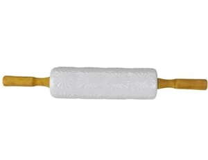 17.5" Rolling Pin ~ White Ceramic ~ Wooden Handles ~ Square Floral Shape Imprint - Picture 1 of 6