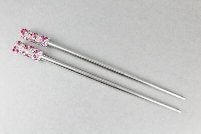 Pink Silver crystal set 2 hair chop sticks accessory picks pins 7 1/8" long - Image 1 of 4