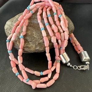 Collar de 3 hilos de plata esterlina coral rosa turquesa nativo americano 21" 17815 - Imagen 1 de 12