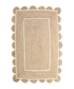 Scalloped Jute Rug Natural with Off White Trim Boho Jute Area Rug - Picture 1 of 8