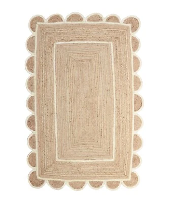 Scalloped Jute Rug Natural with Off White Trim Boho Jute Area Rug - Image 1 of 4