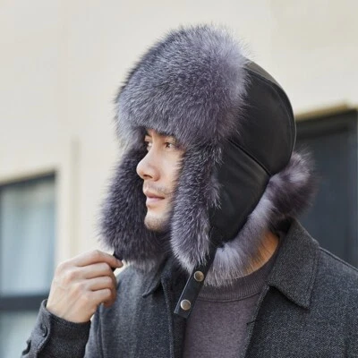 Sombrero de piel de zorro real ruso Ushanka cosaco trampero sombrero gorra de cuero real para hombre Foto 1 de 4