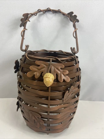 Woven Copper Basket Oak Leaves Acorns handle 7” tall Heavy Cover