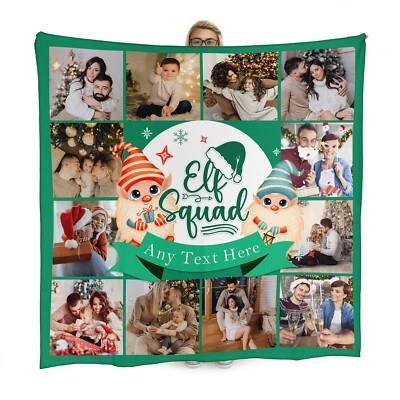 Personalised Christmas Elf Squad-12 Photo Fleece Throw Blanket Add Photos & Text - Image 1 of 4