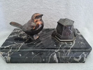 ART DECO 1930'S FRENCH BRONZE WREN INKWELL WITH MARBLE BASED DESK TIDY VGC - Picture 1 of 12