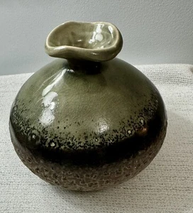 Vintage MCM Style Pottery W/Texture Sage Green& Brown 6” H  6” W Base 2.5” W Top - Picture 1 of 12