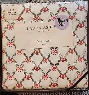 Laura Ashley Queen Holiday Flannel Sheet Set: Bow Trellis Red New - Image 1 of 4