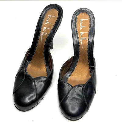 De colección Nicole Miller Cuero Festoneado Sin Cordones Tacón de Aguja Retro Mula 6 B Foto 1 de 4