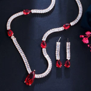 Luxury Red CZ Crystal Long Drop Necklace Earrings Jewelry Set for Ladies Party - Bild 1 von 8