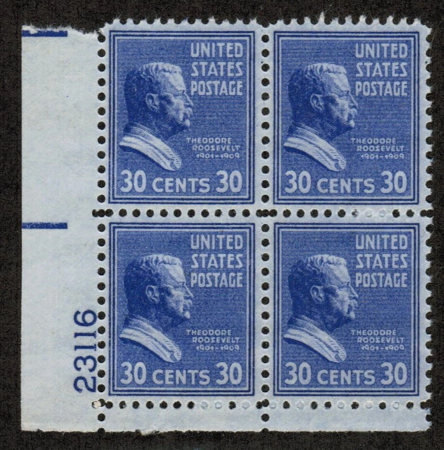 US USA Sc# 830 MNH FVF  PLATE # BLOCK Theodore Roosevelt 26th President  NY - Image 1 of 1