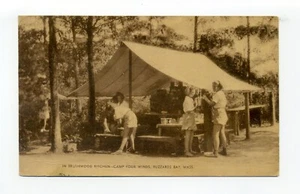 Postal de Buzzards Bay, Bourne MA 1939, niñas, cocina Brushwood, campamento cuatro vientos - Imagen 1 de 3