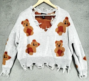 Just Polly Cropped Distressed Pullover Damen M grau süß Teddybär Print Strick - Bild 1 von 14