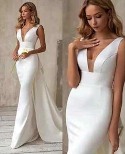 Satin Meerjungfrau Brautkleider Elegant Damen V-Ausschnitt Rückenfrei Brautkleider Formell - Bild 1 von 21
