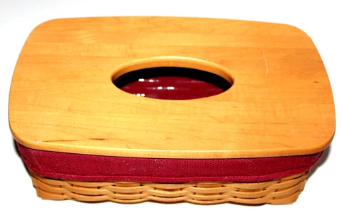 Longaberger  2000 Large Tissue Holder Basket w/ Lid, Protector, Red Fabric Liner Cover