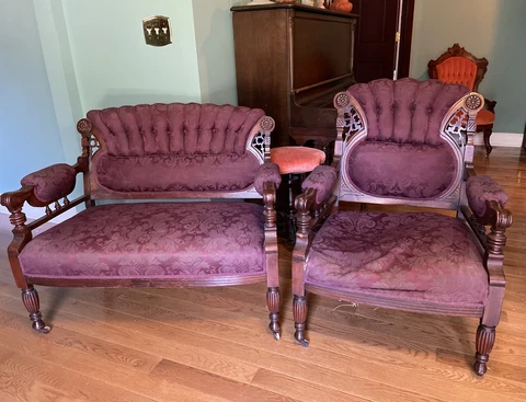 Antique Settee and Chair Set Carved Wood tufted back Sofa Couch Loveseat Cover