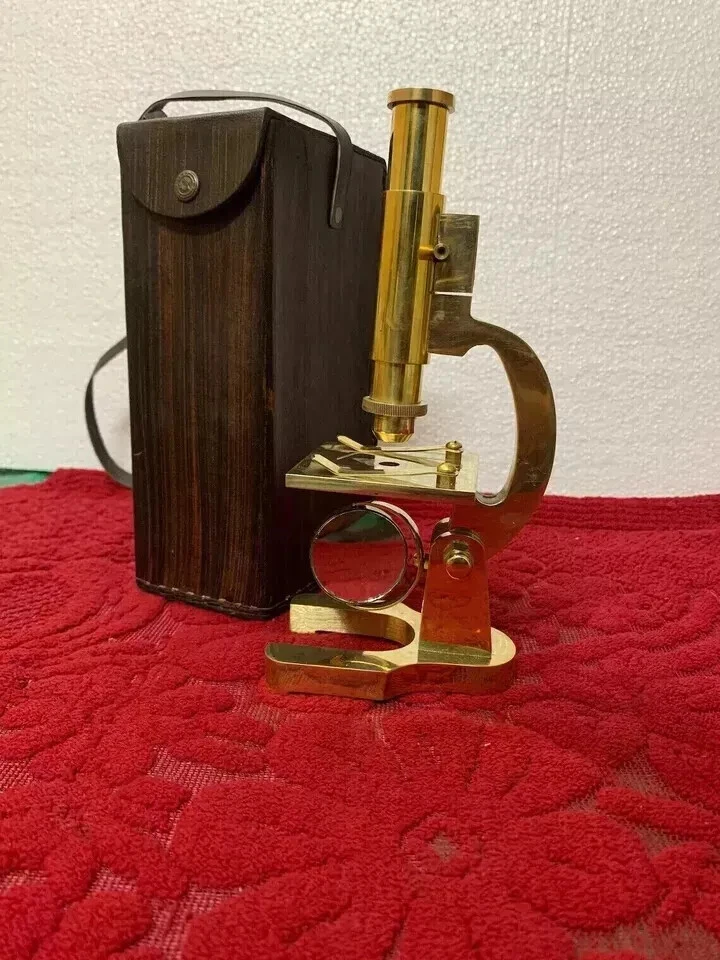 Antique Vintage Solid Brass Microscope Student Microscope Shiny Brass With Box - Image 1 of 4