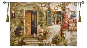 Landhaus Dorfhaus Szene Garten Türöffnung großer Wandteppich 52"x76" - Bild 1 von 1