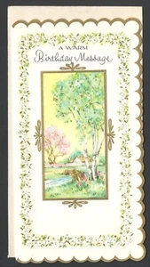 UnUsed Vintage Embosssed Goldtone Birthday Card & Envelope COUNTRY Scene & Creek - Picture 1 of 8