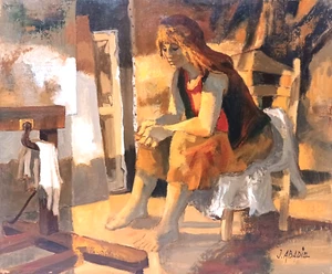 LISTED FRENCH JEAN ABADIE SIGNED ORIGINAL OIL on CANVAS MODEL in REPOSE - Picture 1 of 9
