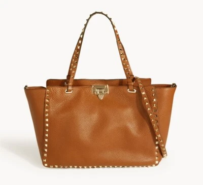 Bolso de Mano VALENTINO GARAVANI Rockstud Cuero Shopper Mediano Marrón Dorado Tachonado Foto 1 de 4