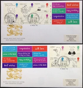 Juego de 2 estampillas de felicitación de 11.11.1996 + etiquetas en portadas de primer día - Imagen 1 de 5
