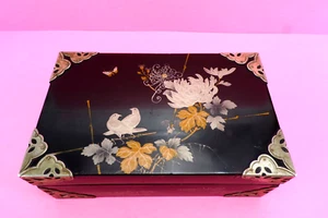 VTG Japan Black Lacquer Wood Covered Box Painted Silver Peace Dove Chrysanthemum - Picture 1 of 24