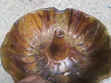 Antique PA Pumpkin MANGANESE REDWARE Glazed Turk's Head CAKE Mold Leaf Pattern