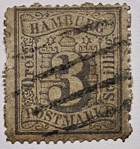 GERMANY HAMBURG 1864 3s Ultramarine Blue Used. €50 .Mi15c. Scruffy - Picture 1 of 2
