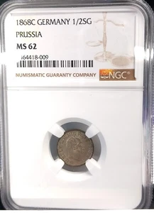 GERMANY PRUSSIA 1868C 1/2 GROSCHEN NGC MS 62 RARE - Picture 1 of 2