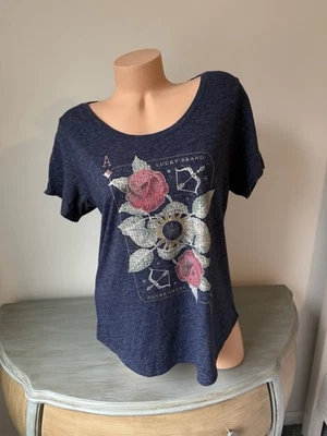 Lucky Brand T Shirt Womens L Lucky Card Sun Graphic Mood Indigo Heather Boho Fun - Image 1 of 4