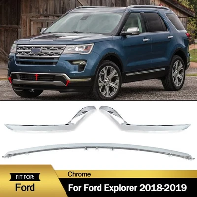 For 2018 2019 Ford Explorer Front Bumper Trims Molding Left+Right+Center Chrome - Imagem 1 de 4