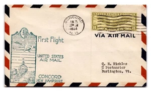 Concord New Hampshire Primer Vuelo Evento Cubierta 1934 Aviación Cachet - Imagen 1 de 2